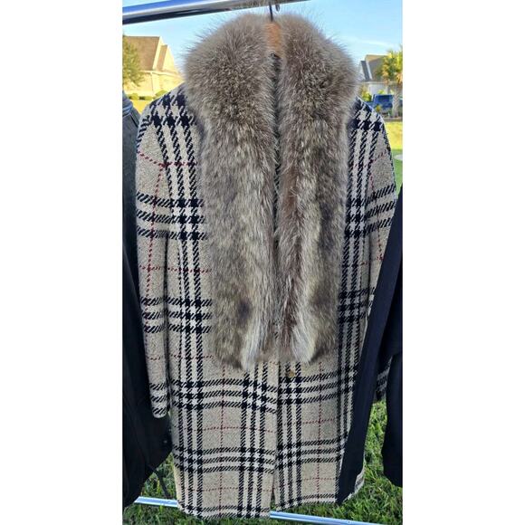 RARE Burberry Nova Check VINTAGE Midi Fur Trim Long Trench Coat size 8 - Picture 1 of 3